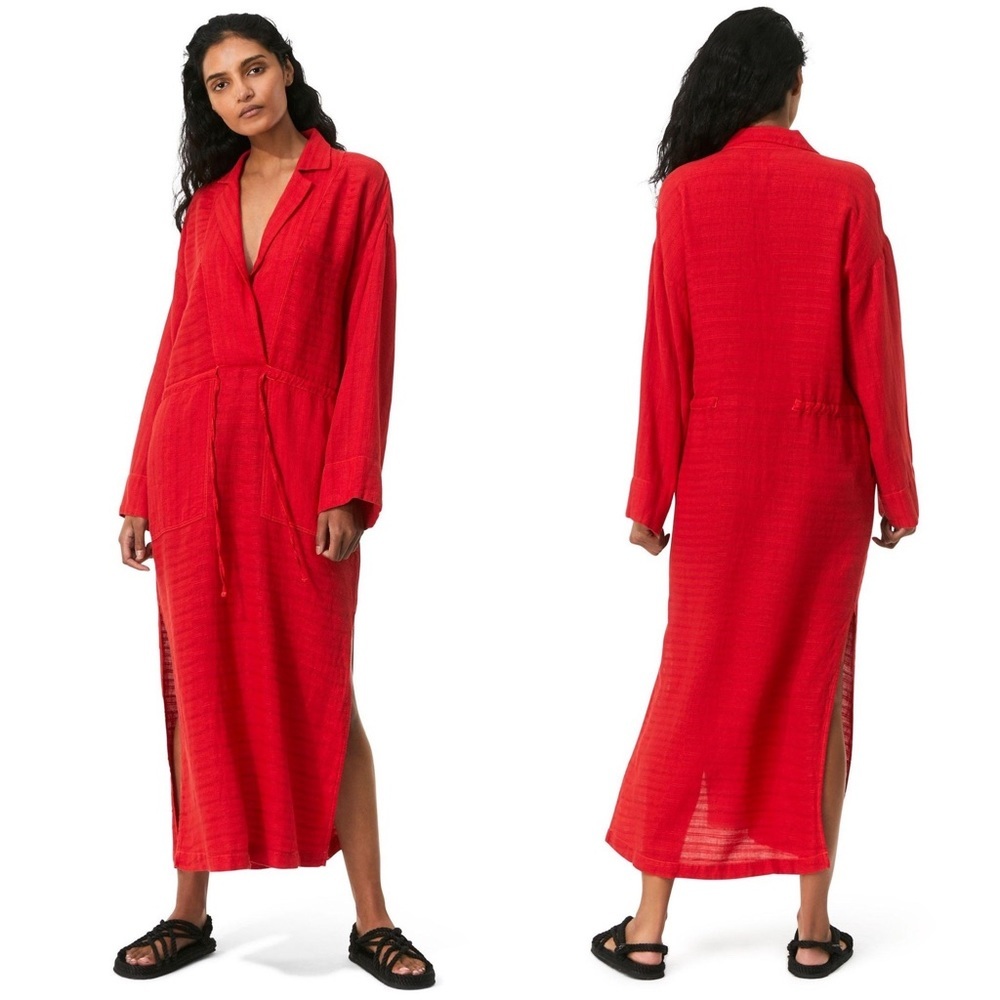 Mara Hoffman Dyed Linen Diega Red Swim Beach Caftan Cover-Up Dress Medium